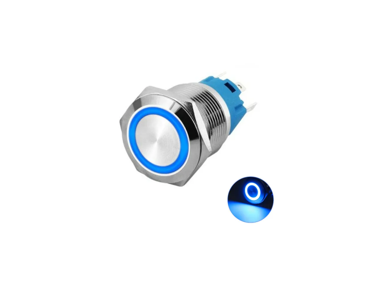 16mm Metal Push On/Off Button Switch Anti-Vandal Latching Ring LED Blue 5 Pin