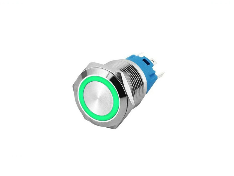 19mm Metal Push On/Off Button Switch Anti-Vandal Latching Ring LED Green 5 Pin