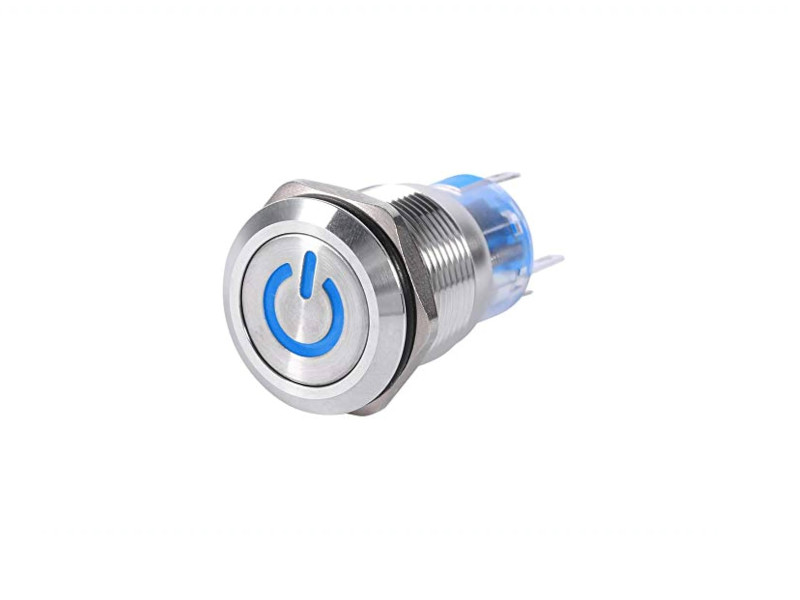 19mm Metal Push Button Switch Anti-Vandal Latching Ring LED Blue 5 Pin