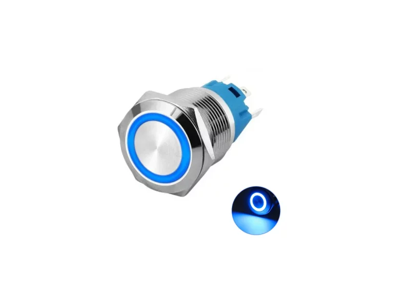 19mm Metal Push Button Switch Anti-Vandal Latching Ring LED Blue 5 Pin