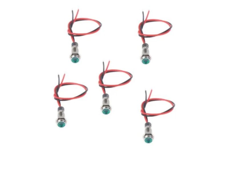 12-18V 5MM Green LED Metal Indicator Light with 20CM Cable (Pack of 5)