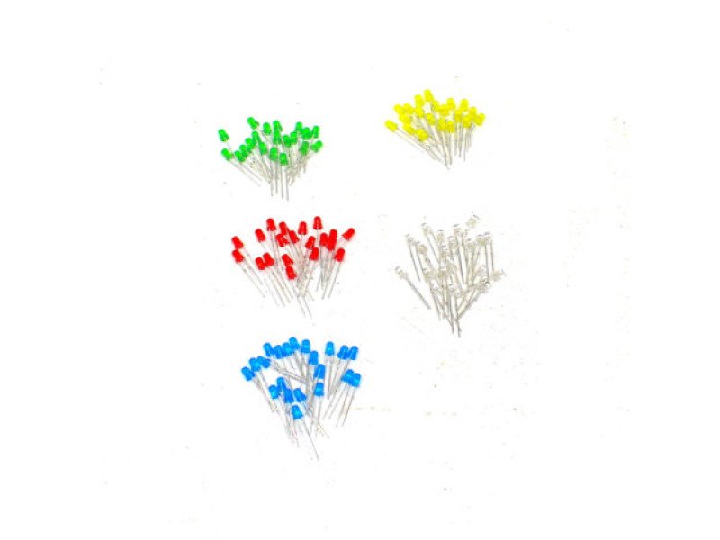 50 Pcs Assorted LEDs Set 3mm DIP (10 LEDs x White Yellow Red Green Blue)