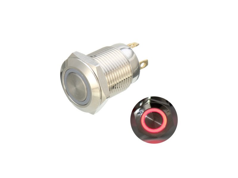 12mm 12V Ring Light Self-Lock Non-Momentary Metal Push-button Switch-Red Light
