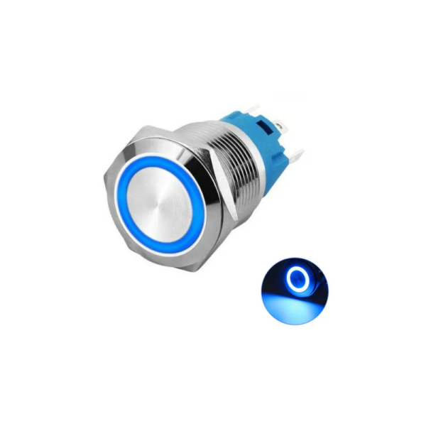 16mm Metal Push On/Off Button Switch Anti-Vandal Latching Ring LED Blue 5 Pin